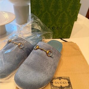 Gucci Light Blue Suede Shoes with Gold Detail
